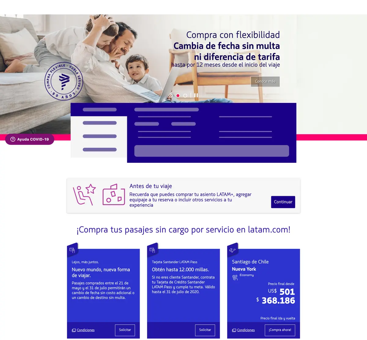 The latam.com home in June 2020 as archived: a hero carousel, an empty flight search and blue promotion tiles