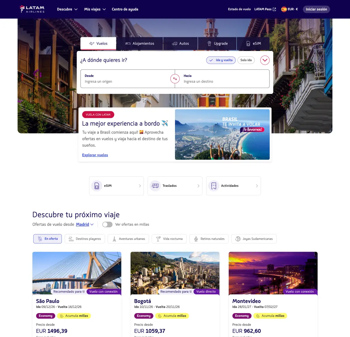 The latamairlines.com home today: flight search over a hero image, a promotion and fares from Madrid with prices